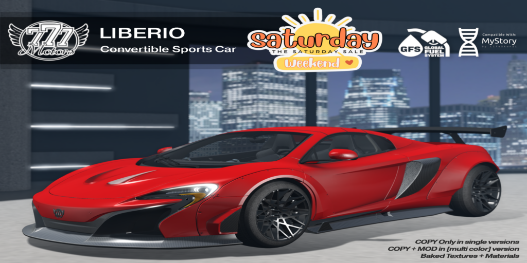 LIberio Driveable Car	&lt;a href=&quot;http://maps.secondlife.com/secondlife/Highway%20Star/144/134/21&quot; target=&quot;_blank&quot;&gt;Teleport&lt;/a&gt;
