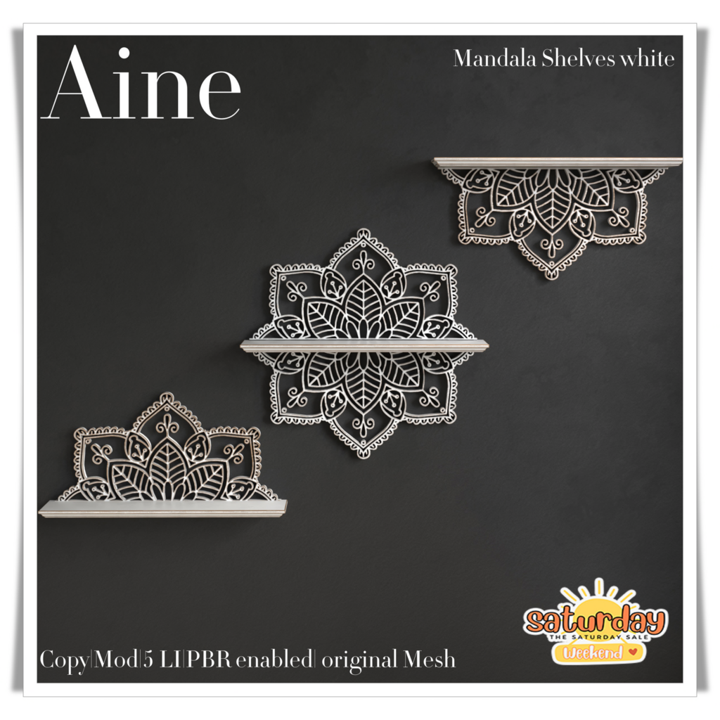 Mandala Shelves in White	&lt;a href=&quot;http://maps.secondlife.com/secondlife/Spirit%20Hills/128/228/22&quot; target=&quot;_blank&quot;&gt;Teleport&lt;/a&gt;