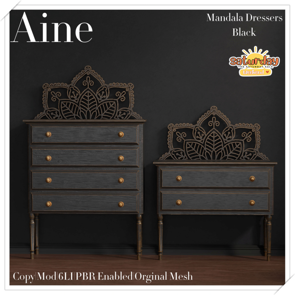 Mandala Dressers in Black	&lt;a href=&quot;http://maps.secondlife.com/secondlife/Spirit%20Hills/128/228/22&quot; target=&quot;_blank&quot;&gt;Teleport&lt;/a&gt;