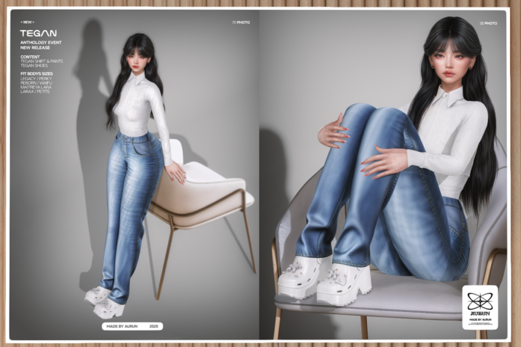 Tegan Shirt, Pants and Shoes - Legacy/MaitreyaX/Reborn/+mods, L$259 each/L$1000 each FP/L$2599 MP