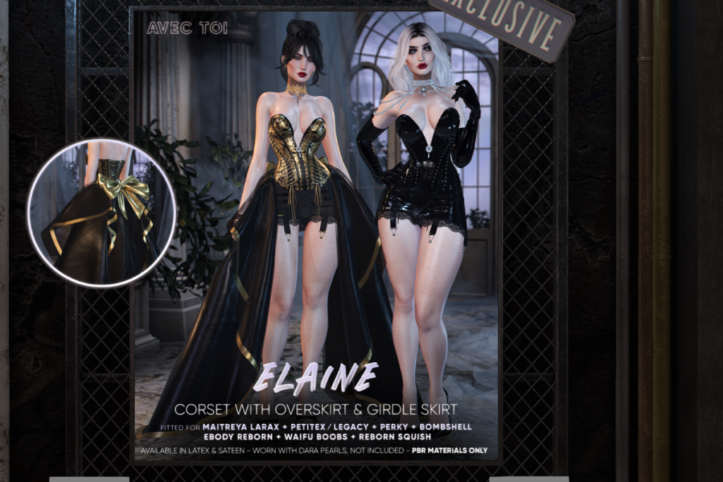 Elaine Corset &amp; Skirt - Legacy/MaitreyaX/Reborn/+mods, L$595-L$795 each/L$1400-L$2200 each FP/L$6600 MP