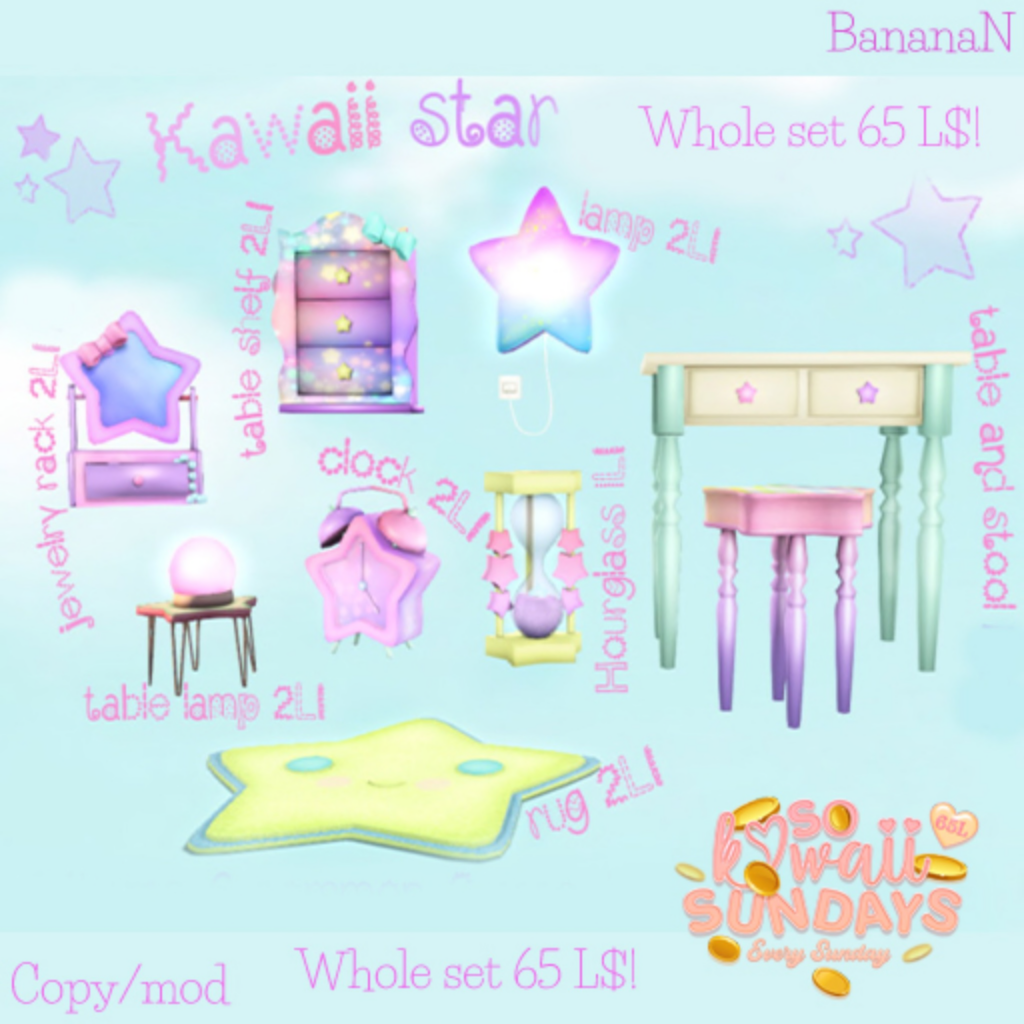Kawaii Star Decor Set	&lt;a href=&quot;http://maps.secondlife.com/secondlife/Evergreen/49/145/2600&quot;&gt;Teleport&lt;/a&gt;