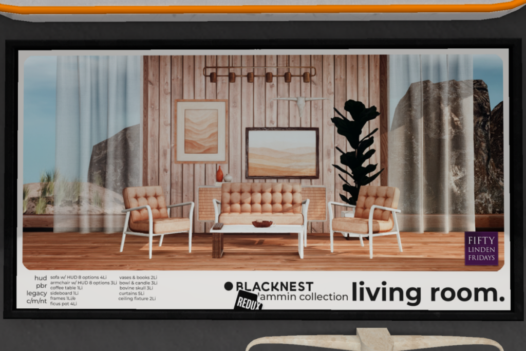 Lammin Living Room Collection	&lt;a href=&quot;http://maps.secondlife.com/secondlife/BLACK%20NEST/233/131/21&quot; target=&quot;_blank&quot;&gt;Teleport&lt;/a&gt;
