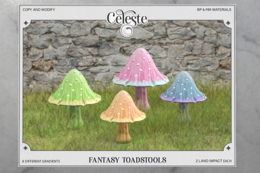Fantasy Toadstools	&lt;a href=&quot;http://maps.secondlife.com/secondlife/WideWorld%20Amethysta/64/191/22&quot; target=&quot;_blank&quot;&gt;Teleport&lt;/a&gt;