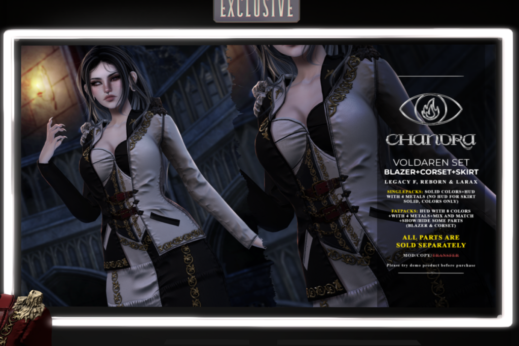 Voldaren Blazer, Corset, and Skirt - Legacy/MaitreyaX/Reborn, L$150-L$250 each/L$1000-L$1500 each FP/L$3500 MP