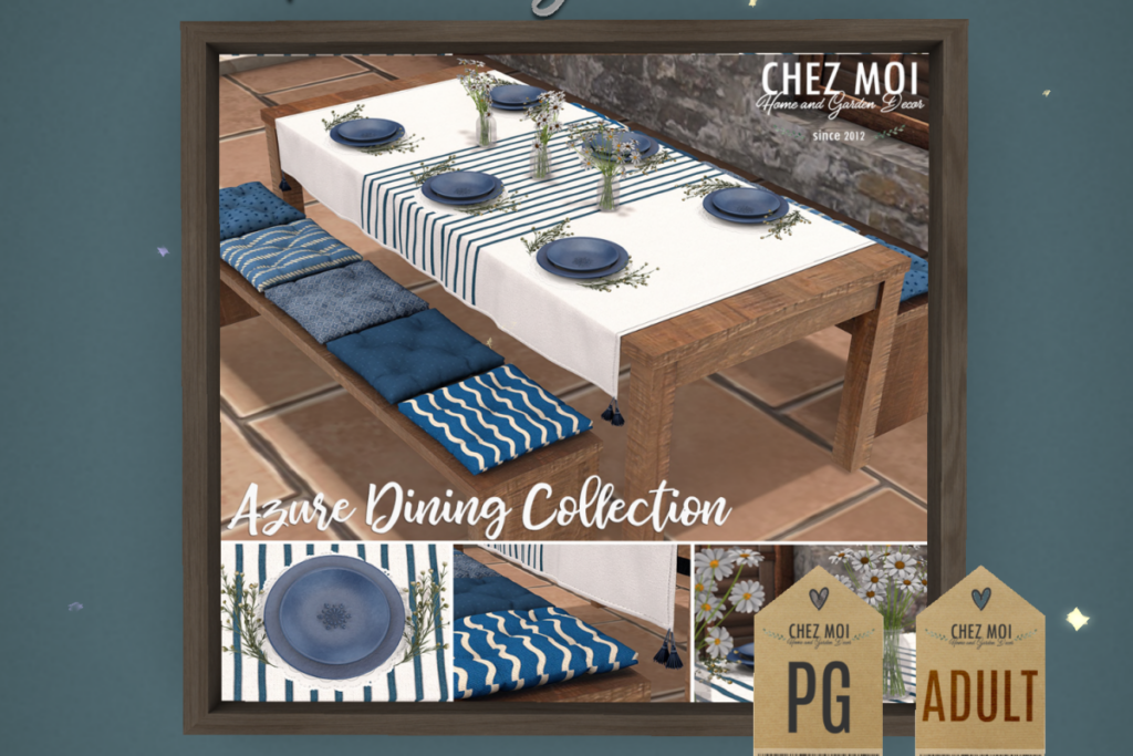 Azure Dining Collection, L$440-L$600 each