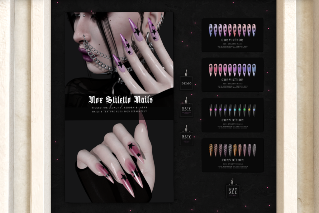 Nox Stiletto Nails - Legacy/MaitreyaX/Reborn, L$420-L$550 each | 80s Nostalgia HUDS, L$360 each/L$1080 FP