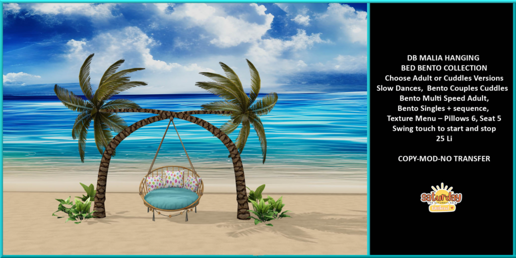 Malia Hanging Bed	&lt;a href=&quot;http://maps.secondlife.com/secondlife/Casvian%20Caye/180/99/22&quot; target=&quot;_blank&quot;&gt;Teleport&lt;/a&gt;