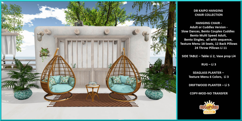 Kaipo Hanging Chair	&lt;a href=&quot;http://maps.secondlife.com/secondlife/Casvian%20Caye/180/99/22&quot; target=&quot;_blank&quot;&gt;Teleport&lt;/a&gt;