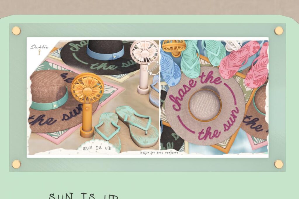 Sun Is Up Hat &amp; Scarf &amp; Fan &amp; Sandal Clutter, L$188 each/L$688 FP