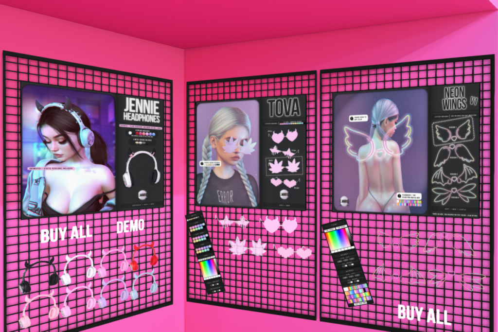 Jennie Headphones, L$299 each/L$1299 FP | Tova Glasses, L$299 each | Neon Wings v1, L$225 each/L$799 FP