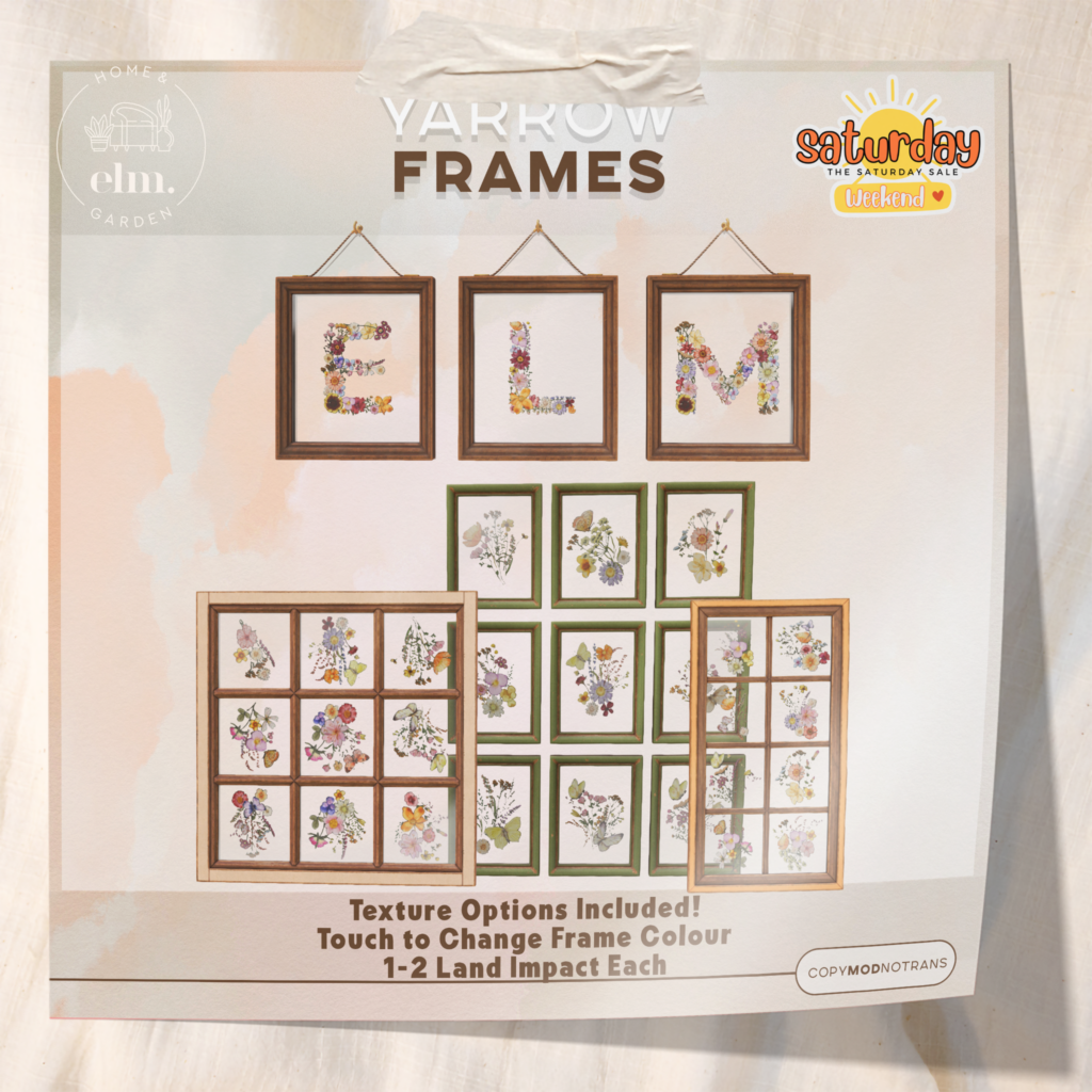 Yarrow Frames Decor Set	&lt;a href=&quot;http://maps.secondlife.com/secondlife/Primrose%20Place/109/206/23&quot;&gt;Teleport&lt;/a&gt;