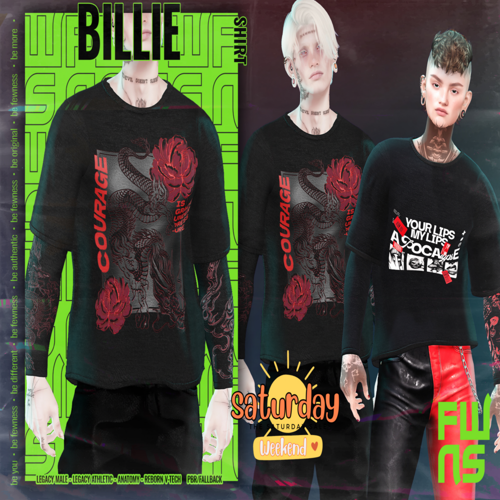 Billie Shirt - Anatomy/Legacy M/Reborn V-Tech/+mods	&lt;a href=&quot;http://maps.secondlife.com/secondlife/Moonstar/137/119/40&quot;&gt;Teleport&lt;/a&gt;