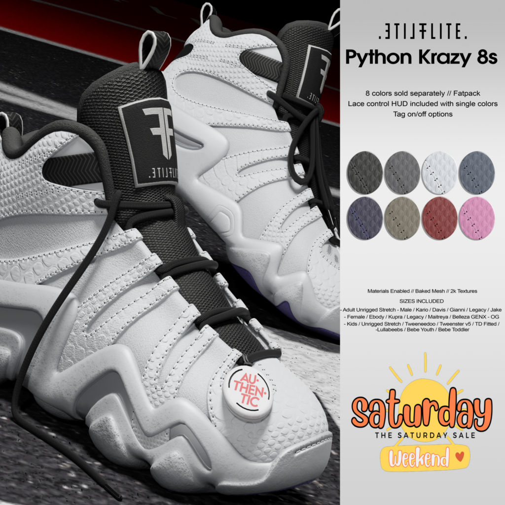 Python Krazy 8s Sneakers - see ad for fits	&lt;a href=&quot;http://maps.secondlife.com/secondlife/Yesterday/112/49/25&quot;&gt;Teleport&lt;/a&gt;