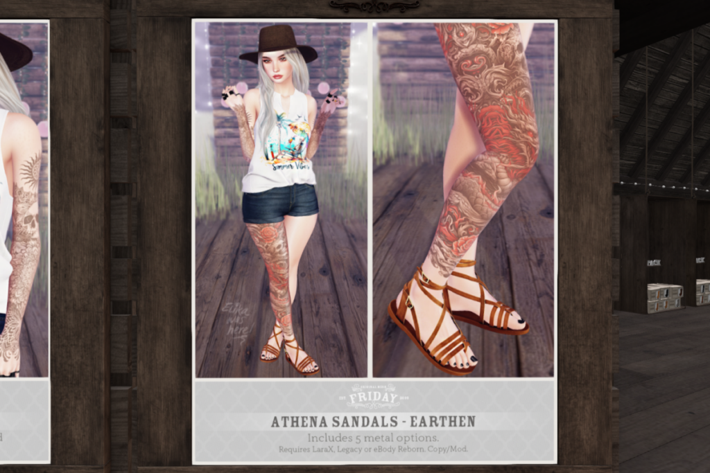 Athena Sandals - Legacy/MaitreyaX/Reborn	&lt;a href=&quot;http://maps.secondlife.com/secondlife/White%20River%20Farm/181/134/23&quot;&gt;Teleport&lt;/a&gt;