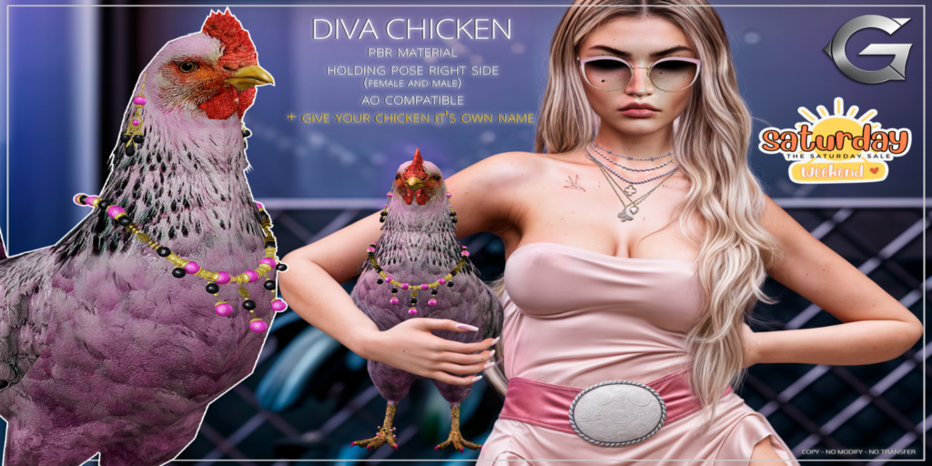 Diva Chicken Holdable	&lt;a href=&quot;http://maps.secondlife.com/secondlife/Spruce%20Peak/202/207/24&quot;&gt;Teleport&lt;/a&gt;