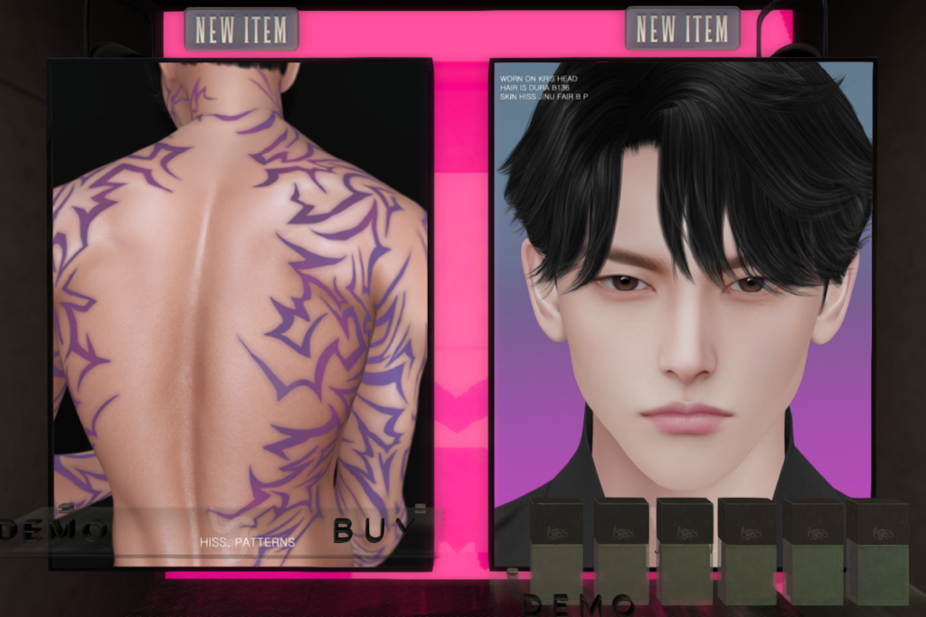 Patterns Tattoo - BOM, L$200 | Jinu Skin - EvoX, L$500 each/L$1500 FP