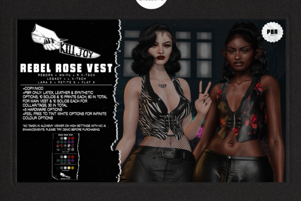Rebel Rose Vest  - Legacy/MaitreyaX/Reborn/+mods, L$350 each/L$500-L$600 each FP/L$1500 MP