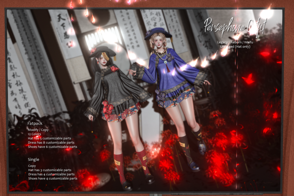 Persephone Dress, Shoes and Hat - Legacy/Reborn/+mods, L$250-L$350 each/L$1000-L$1450 each FP