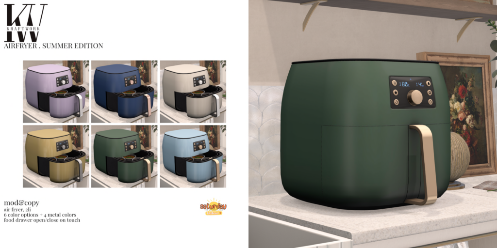 Airfryer	&lt;a href=&quot;http://maps.secondlife.com/secondlife/KraftWork/230/122/20&quot; target=&quot;_blank&quot;&gt;Teleport&lt;/a&gt;