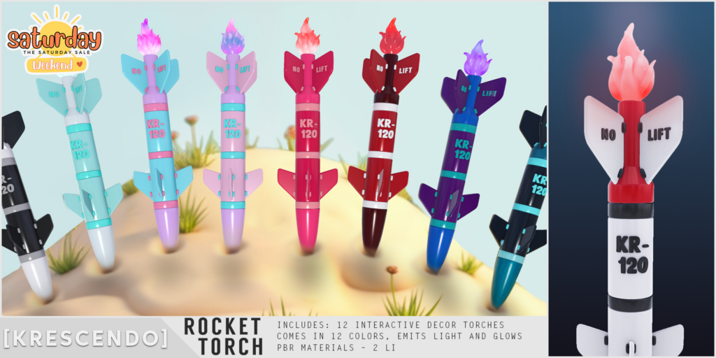 Rocket Torch Decor	&lt;a href=&quot;http://maps.secondlife.com/secondlife/SkyBeam%20Hideaway/215/237/4022&quot; target=&quot;_blank&quot;&gt;Teleport&lt;/a&gt;
