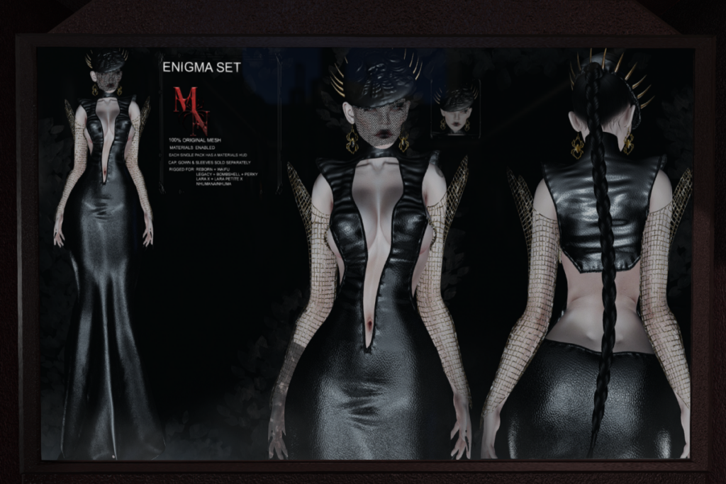 Enigma Cap, Sleeves and Gown - Legacy/MaitreyaX/Reborn/+mods, L$199-L$350 each/L$750-L$2150 each FP