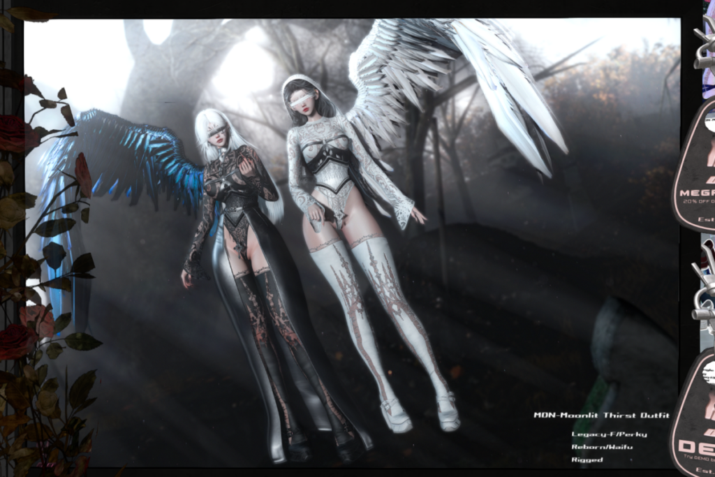 Moonlit Thirst Bodysuit, Corset, Skirt, Stockings and Heels - Legacy/Reborn/+mods, L$158-L$288 each/L$688-L$1488 each FP/L$2311 MP
