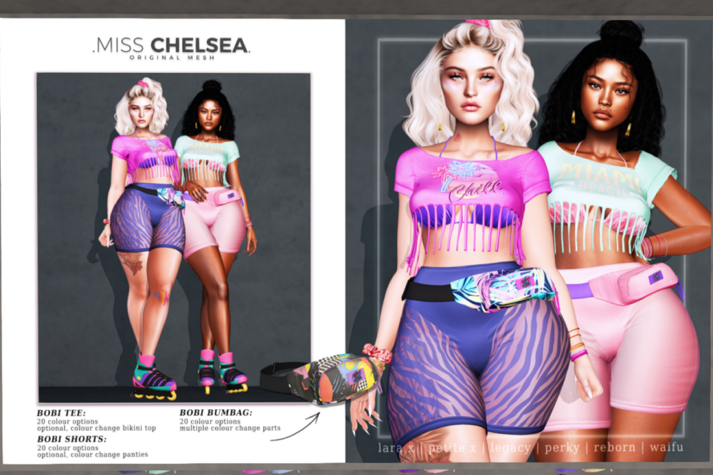 Bobi Tee, Shorts and Bumbag - Legacy/MaitreyaX/Reborn/+mods, L$250 each/L$500-L$1499 each FP/L$2499 MP