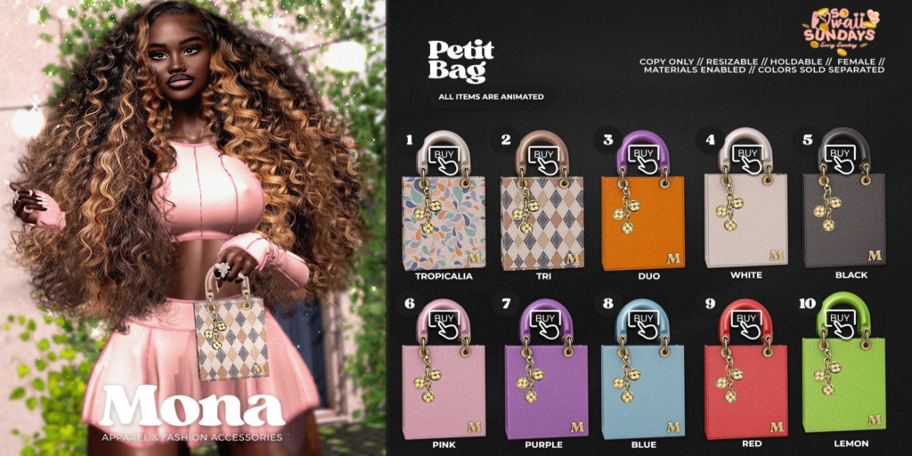 Petit Bag	&lt;a href=&quot;https://maps.secondlife.com/secondlife/ARRAGON/99/246/1001&quot;&gt;Teleport&lt;/a&gt;