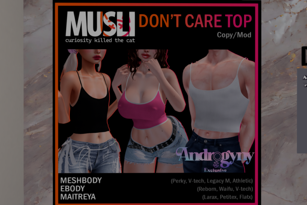 Don&#039;t Care Top - Legacy F+M/Maitreya/Reborn/+mods, L$1000