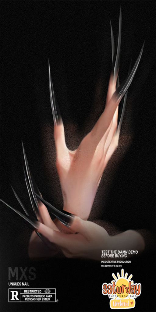 Ungues Nails - no fits listed	&lt;a href=&quot;http://maps.secondlife.com/secondlife/Urban%20City/76/203/2495&quot; target=&quot;_blank&quot;&gt;Teleport&lt;/a&gt;