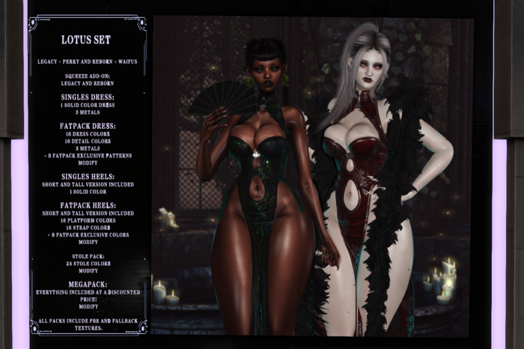 Lotus Dress, Heels and Stole - Legacy/Reborn/+mods, L$199-L$299 each/L$999-L$1599 each FP/L$2149 MP