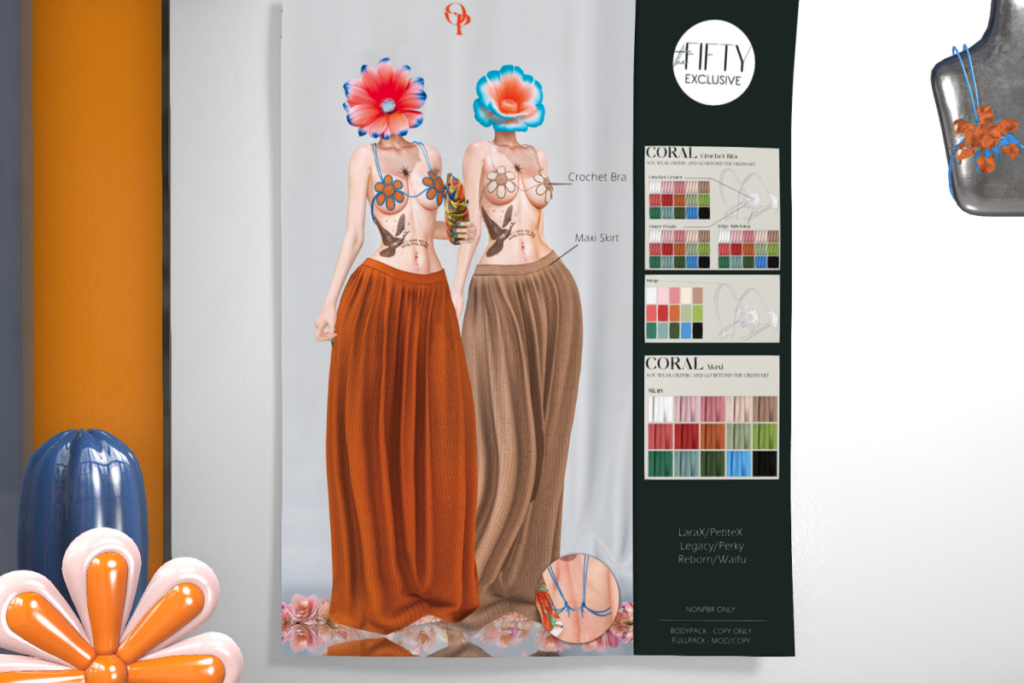 Coral Crochet Bra &amp; Maxi Skirt - Legacy/MaitreyaX/Reborn/+mods, L$699 each/L$1599 FP
