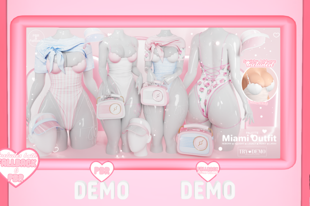 Miami Swimsuit, T-Shirt, Cap and Radio - Legacy/MaitreyaX/Reborn/+mods, L$199-L$365 each/L$799-L$2250 each FP/L$4299 MP