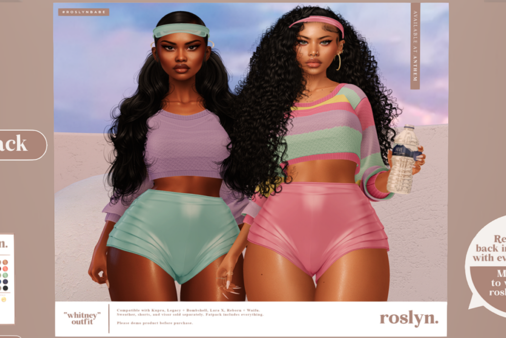 Whitney Sweater, Shorts and Visor - Inithium/Legacy/MaitreyaX/Reborn/+mods, L$249-L$349 each/L$1499 FP