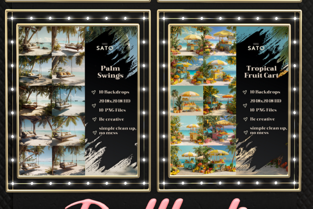 Palm Swings &amp; Tropical Fruit Cart Backdrops, L$180 each