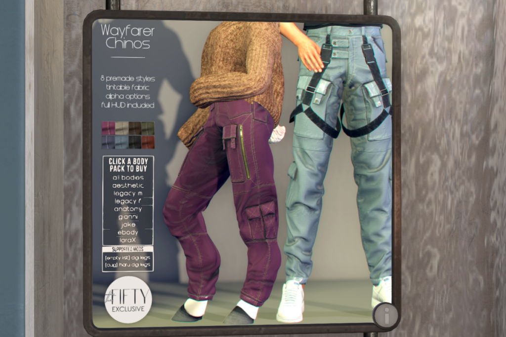 Wayfarer Chinos - see ad for fits, L$850 each/L$1700 FP