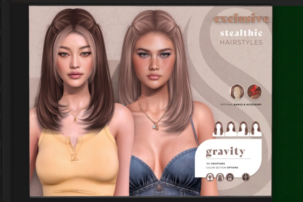 Gravity Hairstyle, L$399 Basic Pack/L$199 Upgrade Pack/L$598 FP