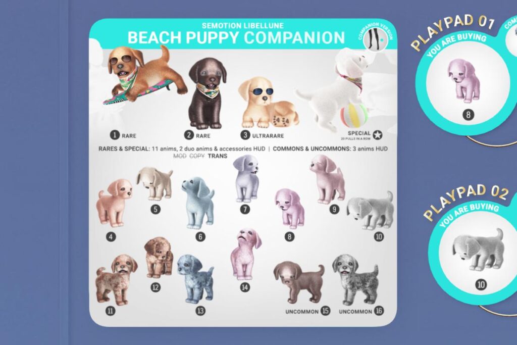 Beach Puppy Companion, L$88 Per Play/L$188 each