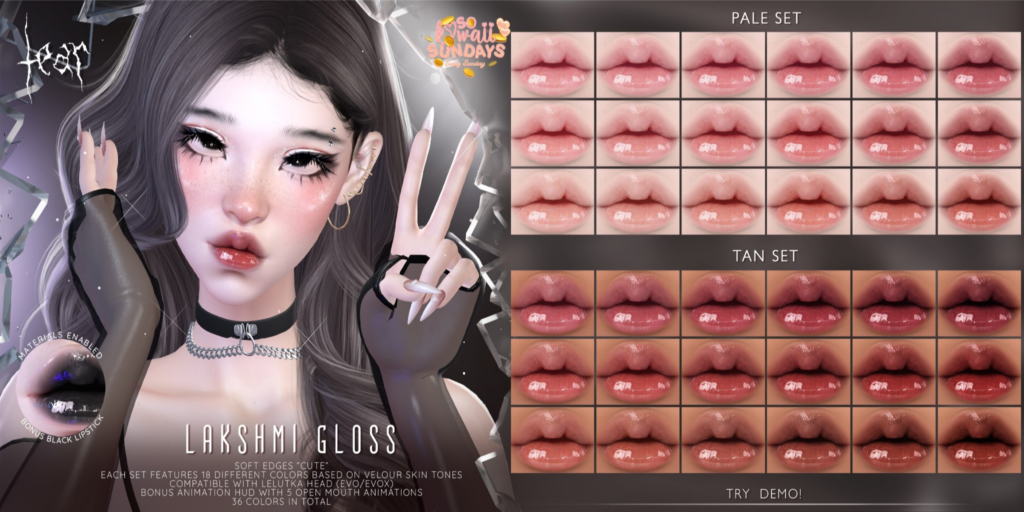 Lakshmi Gloss Lipstick - EvoX	&lt;a href=&quot;http://maps.secondlife.com/secondlife/Hashira/150/190/3&quot;&gt;Teleport&lt;/a&gt;