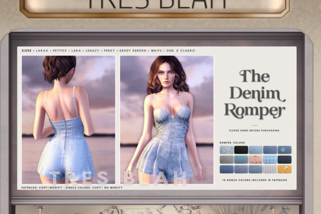 The Denim Romper - GenX/Legacy/MaitreyaX/Reborn/+mods, L$188 each/L$888 FP