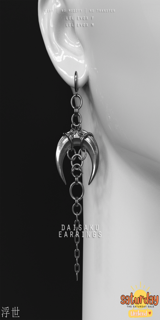Daisaku Earrings - EvoX M+F	&lt;a href=&quot;http://maps.secondlife.com/secondlife/Stellar/32/213/501&quot;&gt;Teleport&lt;/a&gt;
