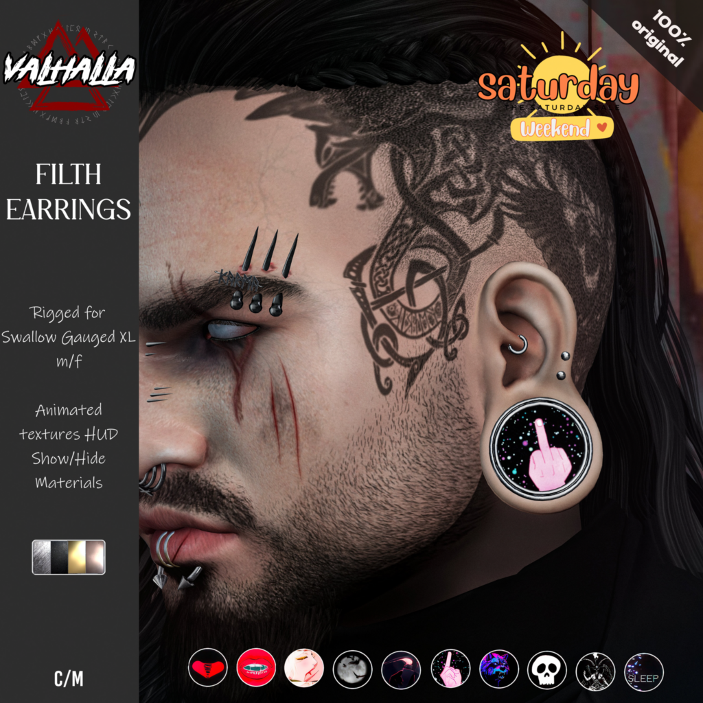 Filth Earrings - Swallow Gauged XL M+F	&lt;a href=&quot;http://maps.secondlife.com/secondlife/Badwolf%20Valhalla/122/130/26&quot;&gt;Teleport&lt;/a&gt;