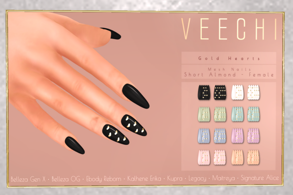 Gold Hearts Mesh Nails - See ad for fits	&lt;a href=&quot;http://maps.secondlife.com/secondlife/floorplan/194/165/28&quot;&gt;TELEPORT&lt;/a&gt;
