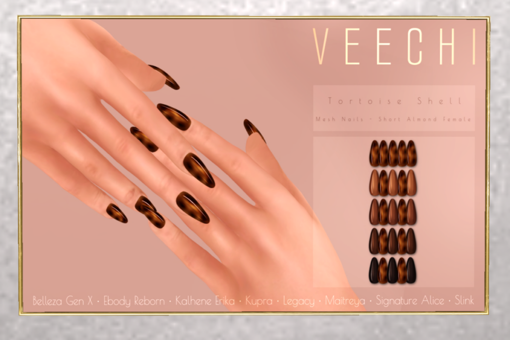 Tortoise Shell Mesh Nails - See ad for fits	&lt;a href=&quot;http://maps.secondlife.com/secondlife/floorplan/194/165/28&quot;&gt;TELEPORT&lt;/a&gt;