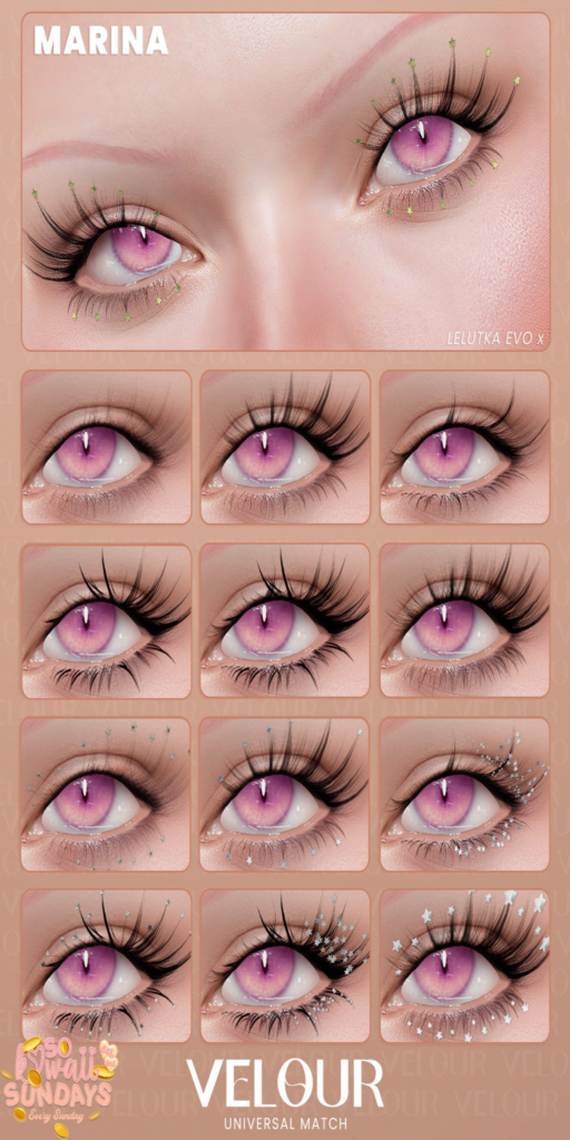Marina Lashes - EvoX	&lt;a href=&quot;https://maps.secondlife.com/secondlife/VELOUR/88/118/42&quot;&gt;Teleport&lt;/a&gt;
