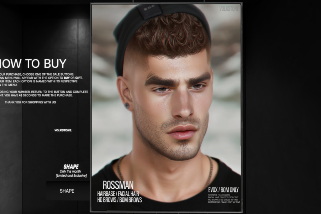 Rossman Facial Hair, Hairbase, HD Brows, Shape - EvoX/Legacy Athletic, L$349-L$599 each