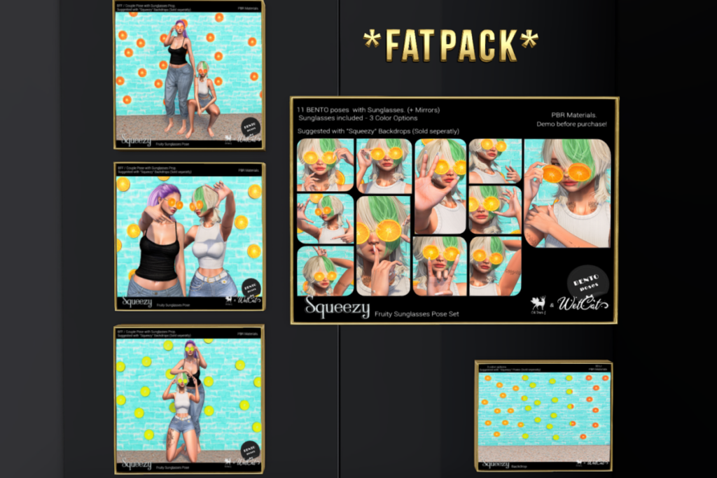 Squeezy BFF 1-3 Poses &amp; Props, L$190 each/L$320 FP | Squeezy Backdrop, L$190