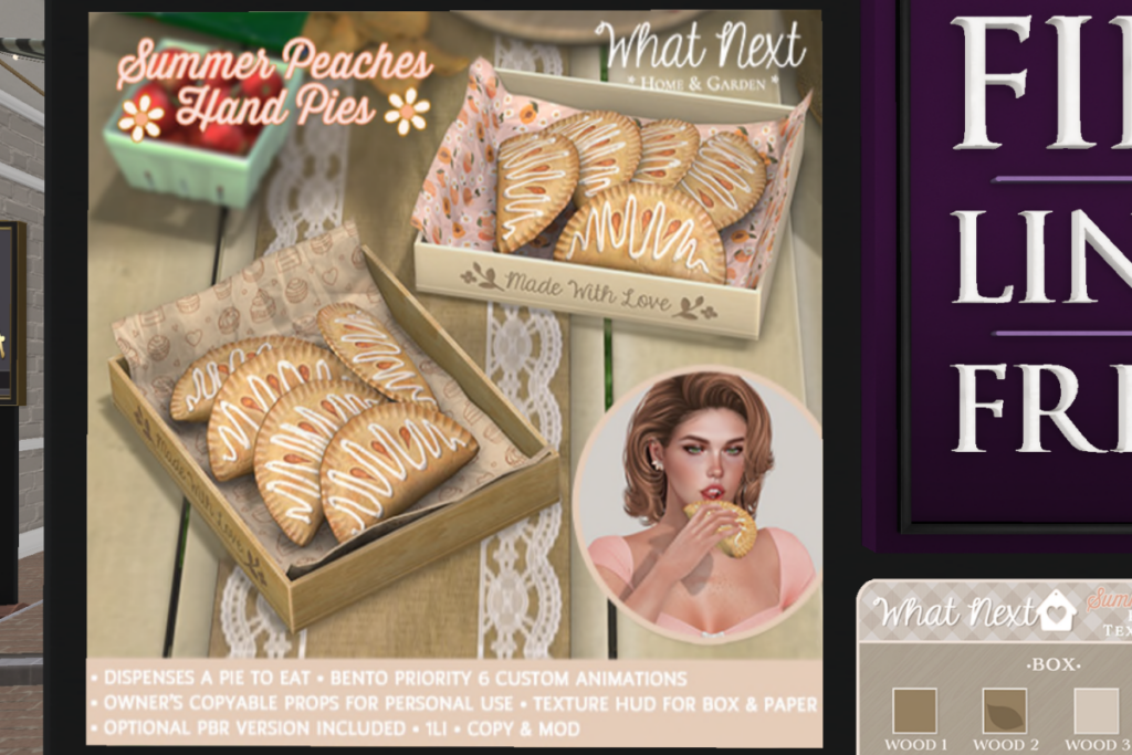 Summer Peaches Hand Pies	&lt;a href=&quot;http://maps.secondlife.com/secondlife/Hodgepodge/113/90/31&quot; target=&quot;_blank&quot;&gt;Teleport&lt;/a&gt;