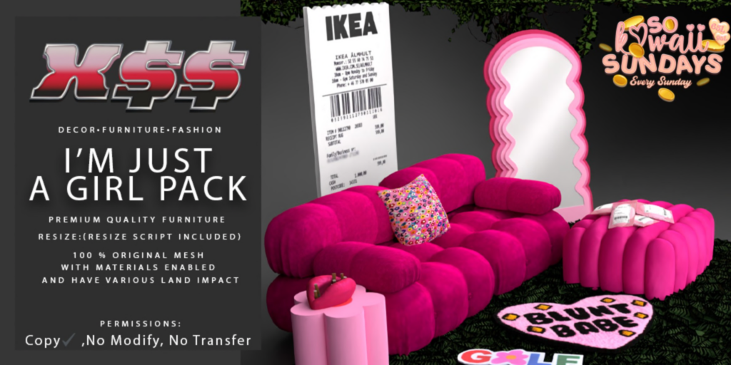 I&#039;m Just A Girl Decor Set	&lt;a href=&quot;http://maps.secondlife.com/secondlife/Tender%20Love/164/160/1162&quot; target=&quot;_blank&quot;&gt;Teleport&lt;/a&gt;